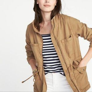 Twill Field Jacket with large pockets, drawstring waist, plus size